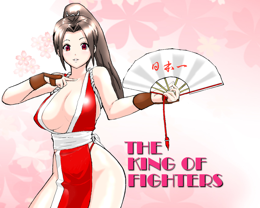 1girl breasts fan fatal_fury king_of_fighters large_breasts no_bra okyou ponytail shiranui_mai snk solo