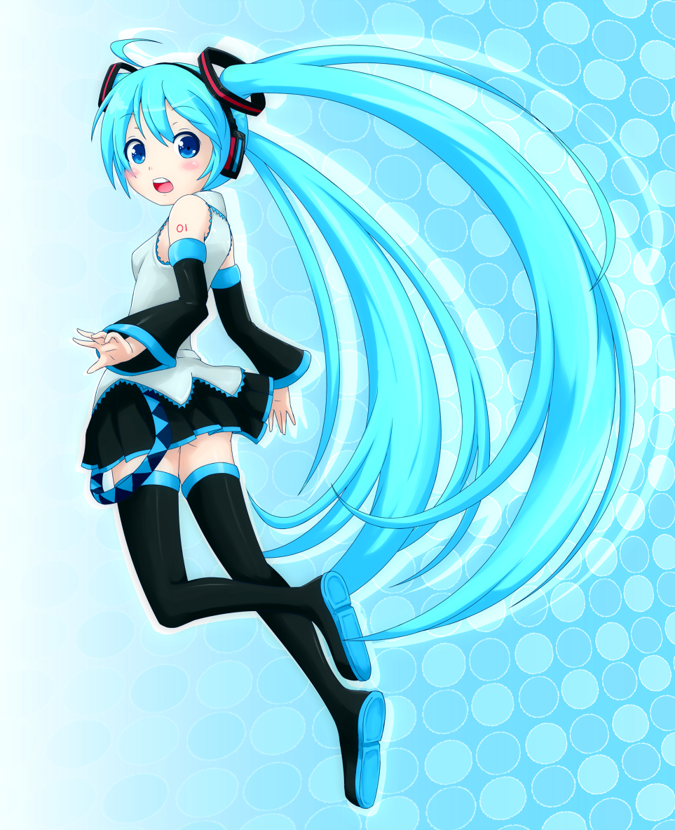 ahoge aqua_hair blue_eyes boots detached_sleeves hatsune_miku headphones long_hair looking_back open_mouth skirt solo thigh_boots thighhighs twintails very_long_hair vocaloid yuta1147