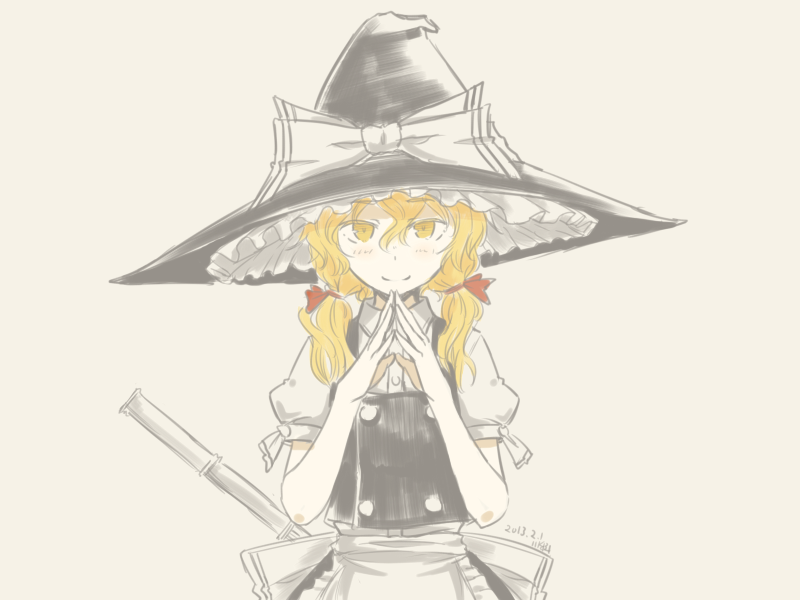 bamboo_broom blonde_hair blush broom dated flat_chest hat kawashina_(momen_silicon) kirisame_marisa long_hair looking_at_viewer simple_background smile solo touhou witch_hat yellow_eyes