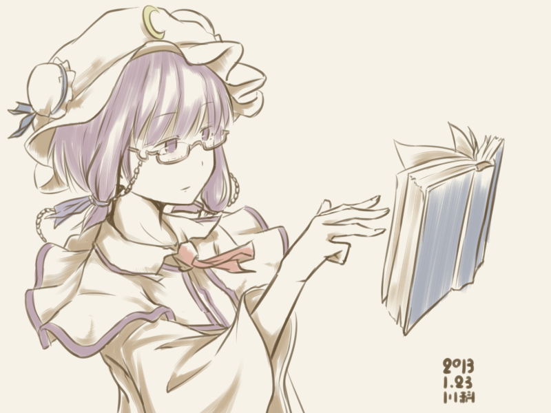 alternate_hair_length alternate_hairstyle bespectacled book crescent dated glasses hat kawashina_(momen_silicon) patchouli_knowledge purple_eyes purple_hair short_hair simple_background solo touhou