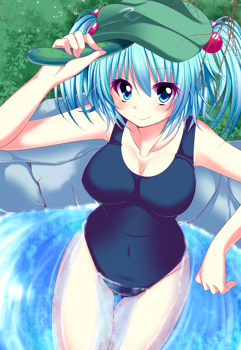 bad_id bad_pixiv_id bathing blue_eyes blue_hair breasts cleavage collarbone cucumber hair_bobbles hair_ornament haruta_(806060) hat kawashiro_nitori large_breasts looking_at_viewer one-piece_swimsuit rock school_swimsuit smile solo swimsuit touhou two_side_up water