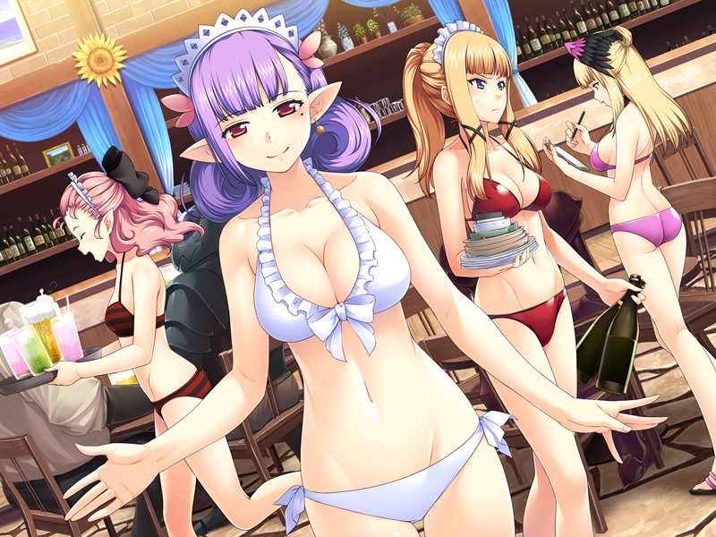 4girls alcohol angry armor ass bar beer benimura_karu bikini blonde_hair blue_eyes blush bottle breasts bunny_black_2 carrying choker cleavage collarbone cup drink dutch_angle eyes_closed game_cg glass happy highres hips holding kneepits large_breasts legs long_hair looking_at_viewer maid_headdress midriff mole mound_of_venus multiple_girls navel notebook payot pencil pink_hair pointy_ears ponytail profile purple_hair red_eyes sandals short_hair sidelocks smile standing sweatdrop swimsuit thighs walking writing
