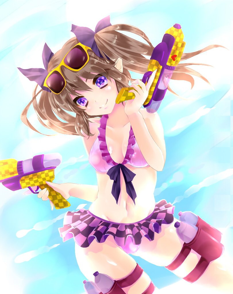 alternate_costume bikini bikini_skirt blush bow breasts brown_hair checkered checkered_skirt cloud cloudy_sky contemporary day dual_wielding eyewear_on_head front-tie_top hair_bow harami_(mxp0109) heart himekaidou_hatate holding long_hair medium_breasts navel pointy_ears purple_eyes short_hair skirt sky smile solo sunglasses swimsuit thigh_strap touhou trigger_discipline twintails water water_gun weapon