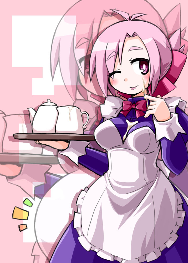 :p amatsuka_megumi_(gj-bu) apron blush bow commentary_request creamer_(vessel) cum cum_on_clothes cup dress facial gj-bu hair_bow kugelschreiber maid one_eye_closed pink_eyes pink_hair pregnant short_hair smile solo teacup teapot tongue tongue_out tray