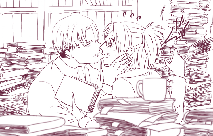 1girl ascot blurry blush book book_stack bookshelf chin_grab cup depth_of_field face-to-face flying_sweatdrops glasses hange_zoe holding holding_book imminent_kiss levi_(shingeki_no_kyojin) monochrome mug noah_(livas) shingeki_no_kyojin sweatdrop too_many too_many_books