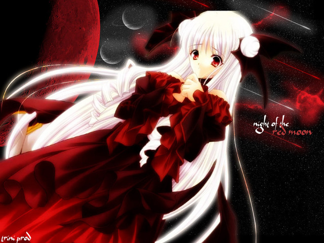 dress frills frilly long_hair moon red_dress red_eyes red_moon white_hair