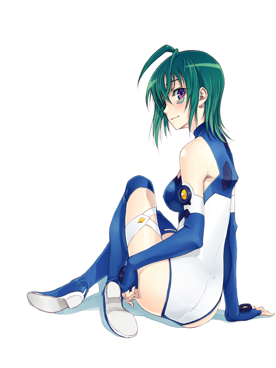 antenna_hair arm_support ass back bangs bare_shoulders blue_footwear blue_gloves blue_legwear blue_leotard blush boots breasts covered_nipples dimples_of_venus elbow_gloves facial_mark fingerless_gloves from_side full_body gloves green_hair hair_between_eyes halterneck highres kannagi_itsuki knee_up leotard light_smile looking_at_viewer looking_back medium_breasts pilot_suit profile purple_eyes satou_atsuki shadow short_hair simple_background sitting smile solo sora_wo_kakeru_shoujo thigh_boots thigh_strap thighhighs turtleneck white_background white_leotard