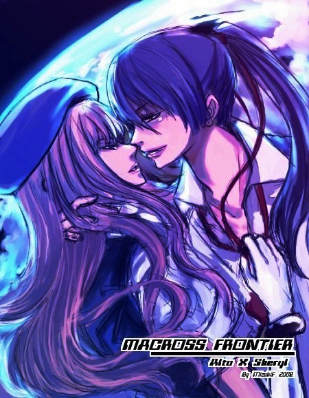 1girl :d bangs beret blue_hair bracelet couple dress_shirt dutch_angle elbow_gloves eye_contact f._mizuki gloves hair_ribbon hand_on_head hat hetero hug imminent_kiss jewelry lips long_hair looking_at_another macross macross_frontier necktie open_mouth planet ponytail profile purple_hair ribbon saotome_alto sheryl_nome shirt sidelocks smile space upper_body wavy_hair white_gloves