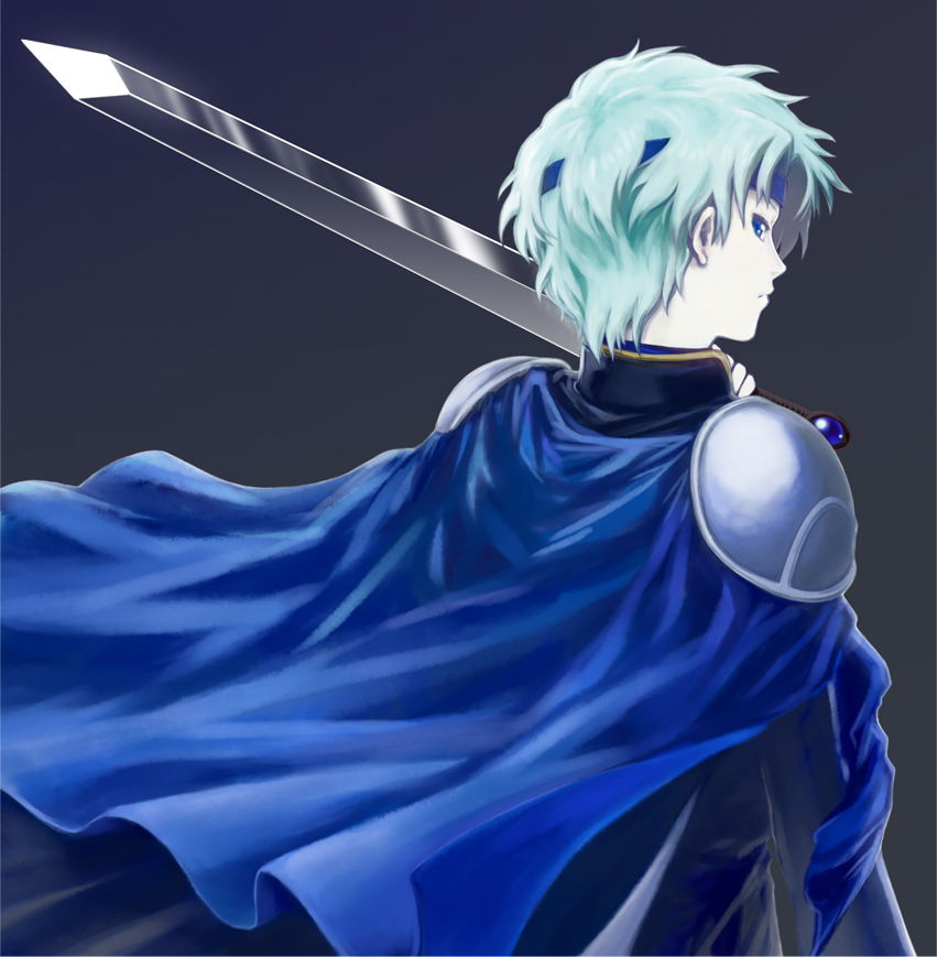 akino_(akin1217) aqua_hair blue_eyes cape grey_background headband left-handed looking_back madou_monogatari male_focus over_shoulder profile puyopuyo schezo_wegey shoulder_pads solo sword weapon