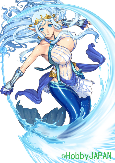 blue_eyes blue_hair breasts eiwa hair_ornament jewelry large_breasts long_hair mermaid monster_girl polearm queen's_blade queen's_blade_grimoire queen's_blade_rebellion smile solo tiara tina_(queen's_blade) trident water weapon