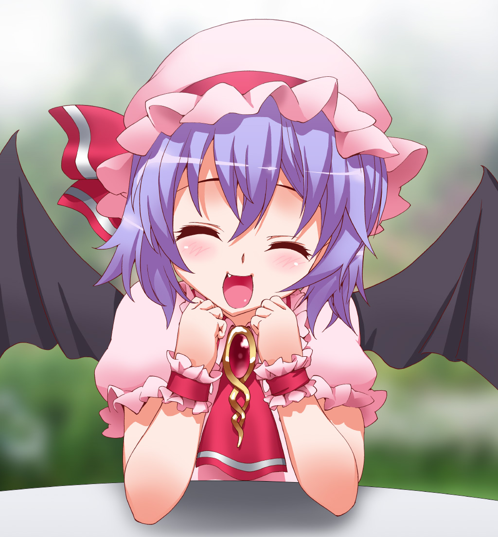 ascot bat_wings blue_hair blush brooch byeontae_jagga fang grin hat hat_ribbon jewelry open_mouth remilia_scarlet ribbon short_hair smile solo table touhou wings wrist_cuffs