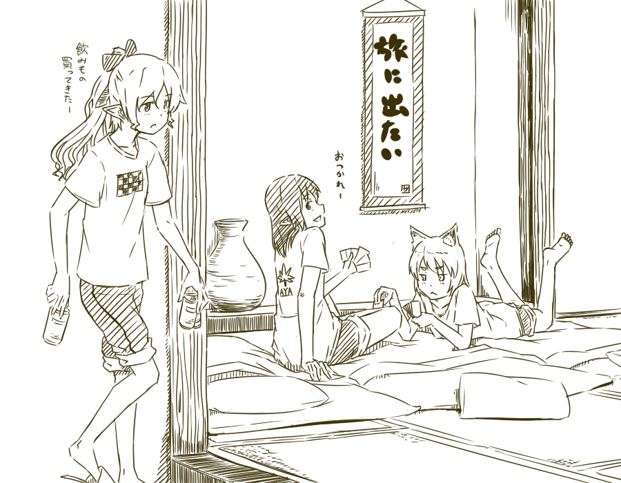 alternate_costume alternate_hairstyle barefoot beer_can can card card_game casual contemporary flat_chest futon hanging_scroll himekaidou_hatate inubashiri_momiji kawashina_(momen_silicon) long_hair looking_back lying monochrome multiple_girls on_stomach partially_translated playing_games pointy_ears ponytail scroll shameimaru_aya short_hair shorts sitting smile touhou translation_request vase