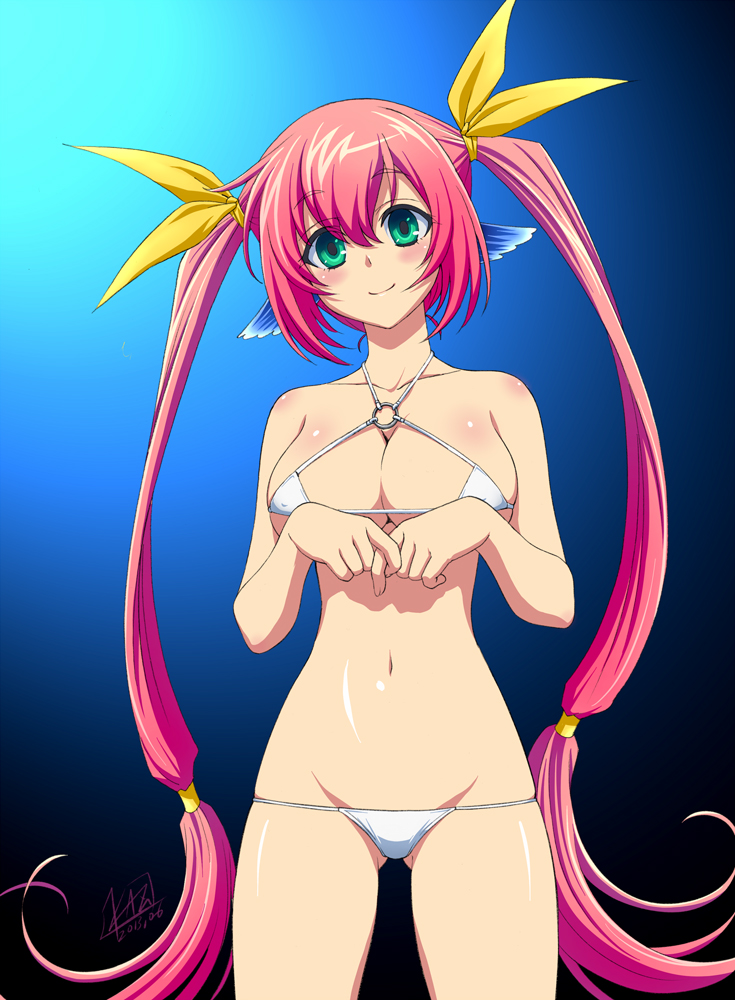 animal_ears bikini breasts cleavage green_eyes large_breasts long_hair mcq original pink_hair solo swimsuit twintails very_long_hair