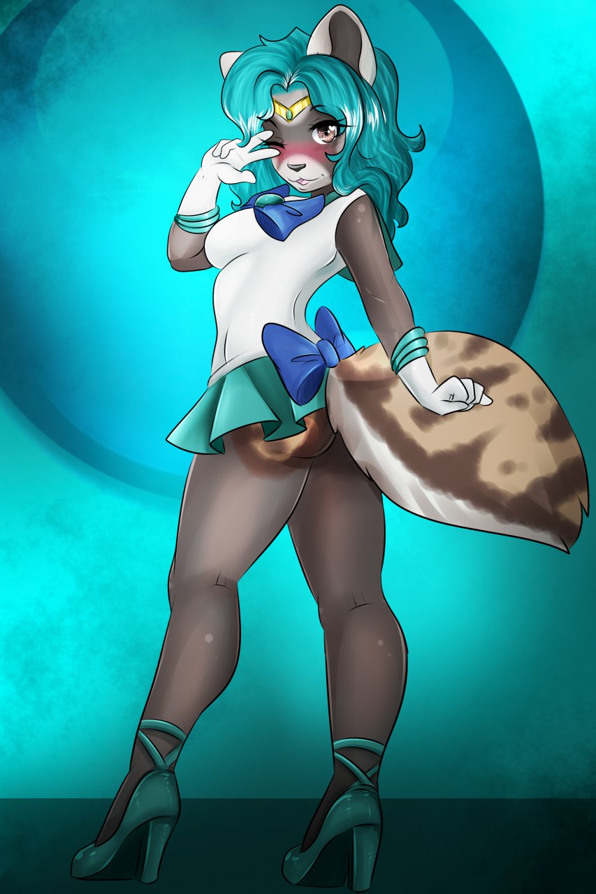 anthro blue_hair blush bow butt cosplay female gloves grey_skin hair heels high_heels kammymau long_hair looking_at_viewer marbled_polecat one_eye_closed pose sailor_neptune sailor_uniform shoes short_skirt skirt smile solo thighs uniform unknown_species white_skin wink