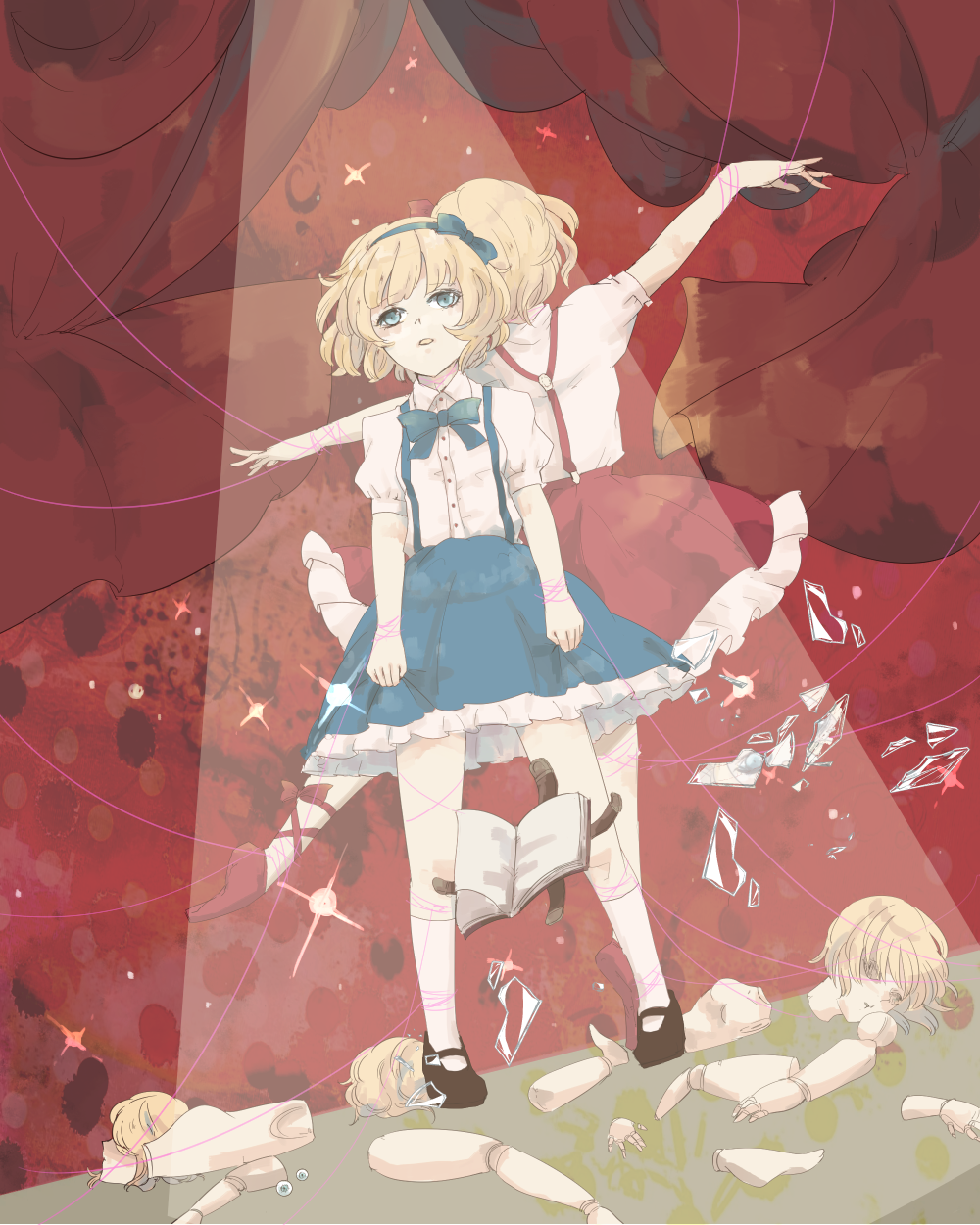 alice_margatroid alice_margatroid_(pc-98) bad_id bad_pixiv_id blonde_hair blue_eyes blue_hairband bow broken_glass damaged doll doll_joints dual_persona glass hair_bow hair_ribbon hairband highres light_trail multiple_girls open_mouth outstretched_arms red_string reflection ribbon shirt shoes short_hair short_sleeves skirt socks sooru0720 string suspenders touhou touhou_(pc-98)