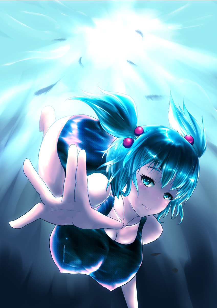 ass blue_eyes blue_hair breasts covered_nipples diving fish freediving hair_bobbles hair_ornament highres kawashiro_nitori large_breasts nekonayasai one-piece_swimsuit school_swimsuit short_hair smile swimming swimsuit touhou two_side_up underwater