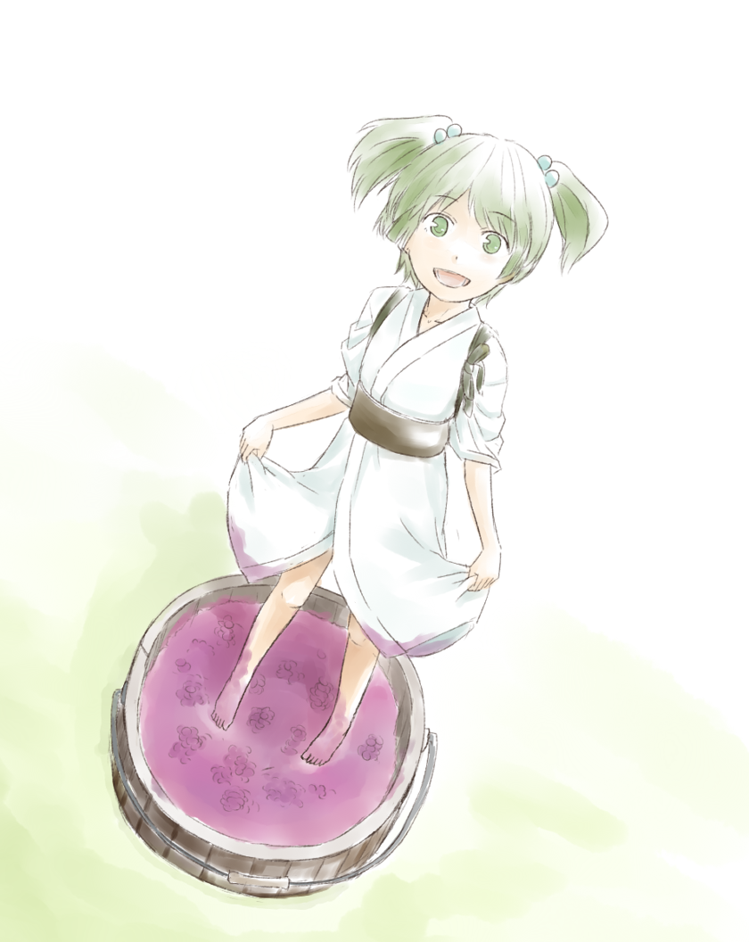 barefoot flat_chest food from_above fruit grapes green_eyes green_hair kawashina_(momen_silicon) kisume looking_at_viewer looking_up open_mouth short_hair skirt_hold smile solo tasuki touhou