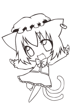 animal_ears cat_ears cat_tail chen chibi earrings hat jewelry lineart lowres monochrome nagamo_sakana short_hair simple_background solo tail touhou