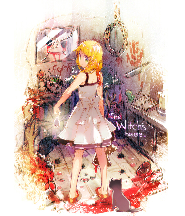 animal apron bangs bare_shoulders black_cat blonde_hair blood book bookshelf bow braid broken_mirror bug cat copyright_name cupboard dress english flower frog glowing green_eyes insect knife long_hair looking_at_viewer majo_no_ie mirror namie-kun noose red_flower red_rose rope rose scissors shoes skull solo standing stuffed_animal stuffed_toy teddy_bear text_focus twin_braids viola_(majo_no_ie) white_dress