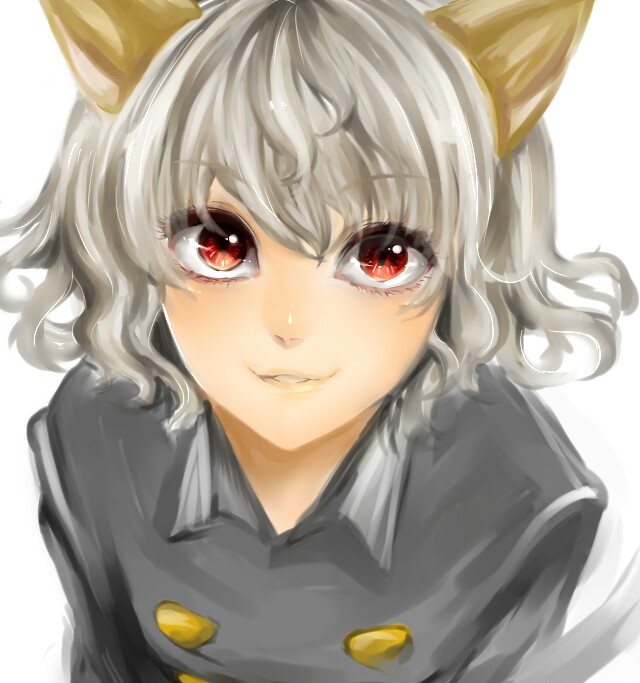 :3 androgynous animal_ears cat_ears curly_hair grey_hair hunter_x_hunter looking_at_viewer mikan_(mikataaaa) neferpitou red_eyes smile solo