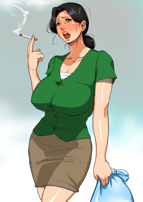 black_eyes black_hair blush breasts cigarette copyright_request curvy huge_breasts large_breasts mature mokuzou open_mouth skirt solo wrinkles