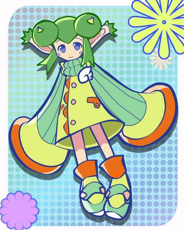 blue_background blue_eyes double_bun full_body green_hair horns konbeki official_style pointy_ears polka_dot polka_dot_background puyopuyo puyopuyo_fever rider_(puyopuyo) shoes short_hair skirt sleeves_past_wrists smile solo