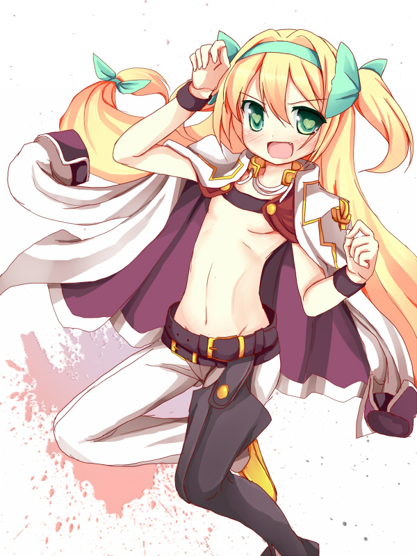 asymmetrical_clothes asymmetrical_legwear azrael_(blazblue) azrael_(blazblue)_(cosplay) belt blazblue blonde_hair blush bow cape cosplay fang godharo1 green_eyes hair_bow hairband heart heart-shaped_pupils jacket jacket_on_shoulders long_hair low-tied_long_hair midriff navel open_mouth platinum_the_trinity quad_tails ribbon smile solo symbol-shaped_pupils two_side_up very_long_hair