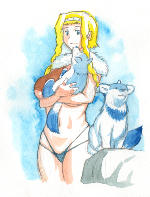 bad_id bad_pixiv_id blonde_hair braid breasts caracol dog large_breasts leina light_smile long_hair navel puppy queen's_blade short_hair_with_long_locks side_braid standing twin_braids underboob white_background wolf