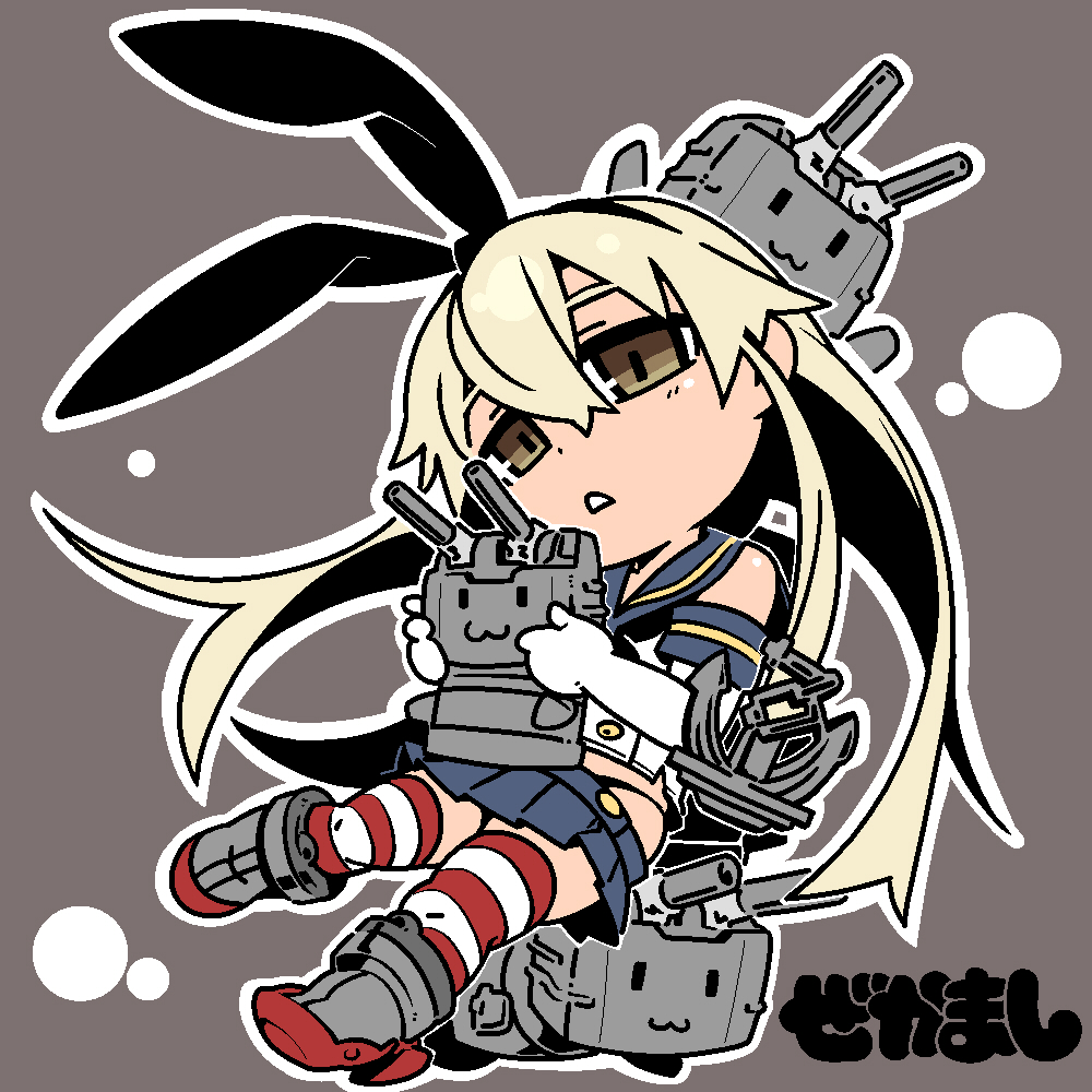 :3 anchor anchor_hair_ornament blonde_hair brown_eyes chibi elbow_gloves gloves hair_ornament hair_ribbon hairband kantai_collection long_hair omiya_(louise-louis-lucille) red_legwear rensouhou-chan ribbon sailor_collar shimakaze_(kantai_collection) solo striped striped_legwear thighhighs white_gloves