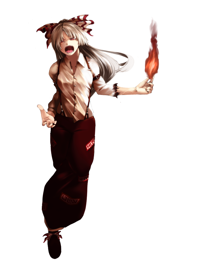 angry bad_id bad_pixiv_id burnt_clothes fire flame fujiwara_no_mokou full_body hair_ribbon kubrick_stare long_hair minnu open_mouth ribbon silver_hair solo touhou white_background