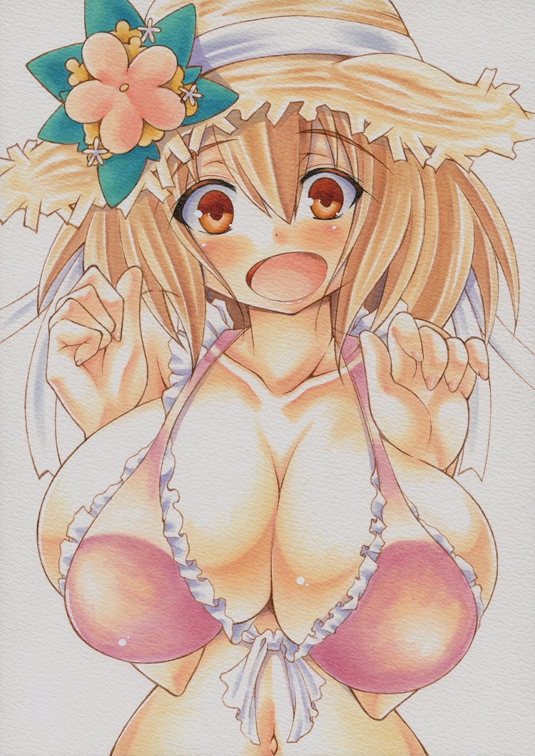blush breasts brown_eyes brown_hair cleavage flower hat hat_flower hataraku_maou-sama! huge_breasts navel open_mouth sasaki_chiho short_hair short_twintails simple_background smile solo twintails white_background yutakasan-love