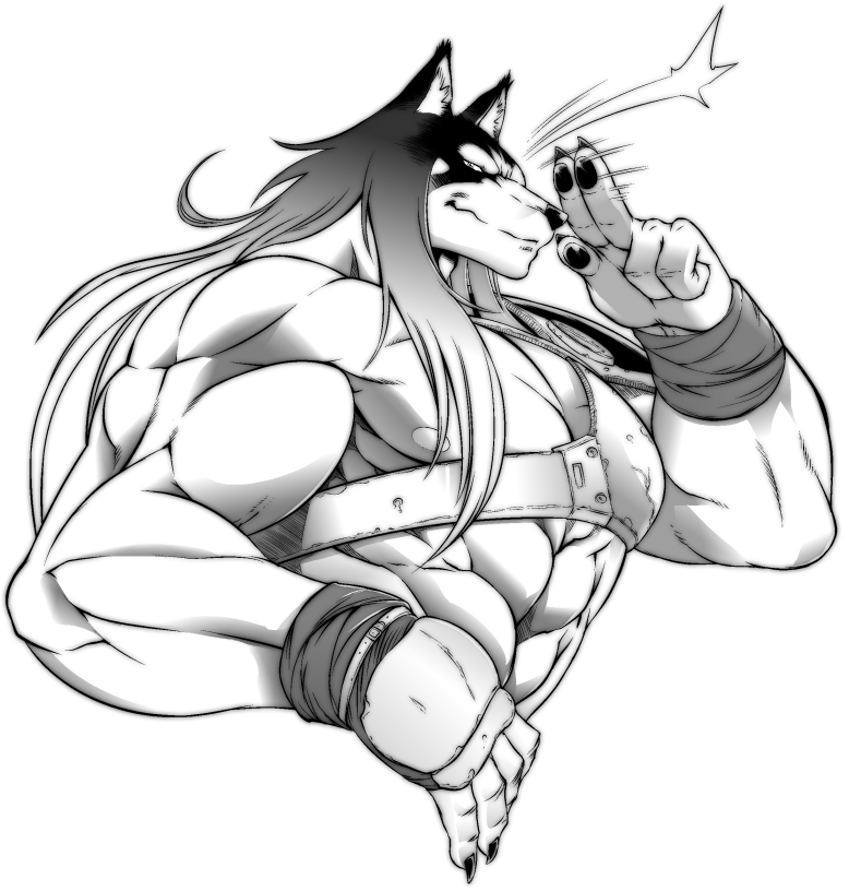 ain_macdougal amakuchi anthro armor bandage biceps big_muscles black_and_white canine claws dog fur greyscale grin hair huge_muscles looking_at_viewer male mammal monochrome muscles nipples pecs plain_background pose smile solo toned topless vein white_background wolf