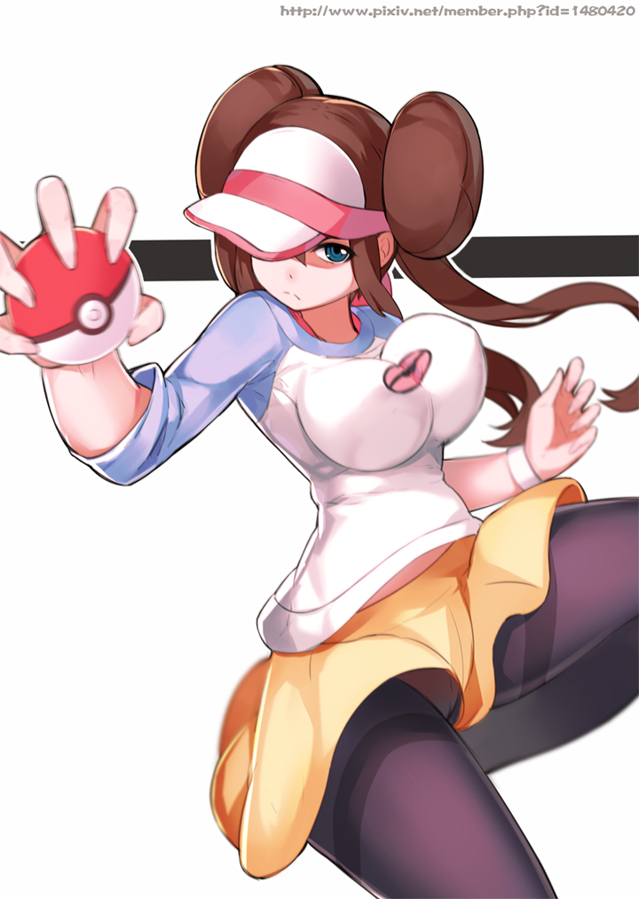 blue_eyes bouncing_breasts breasts brown_hair crotch_seam double_bun hat_over_one_eye holding holding_poke_ball impossible_clothes impossible_shirt large_breasts long_hair mei_(pokemon) panties panties_under_pantyhose pantyhose pantyshot poke_ball poke_ball_(generic) pokemon pokemon_(game) pokemon_bw2 raglan_sleeves ririko_(zhuoyandesailaer) shaded_face shirt shorts solo thighband_pantyhose twintails underwear visor_cap watch white_panties wristwatch
