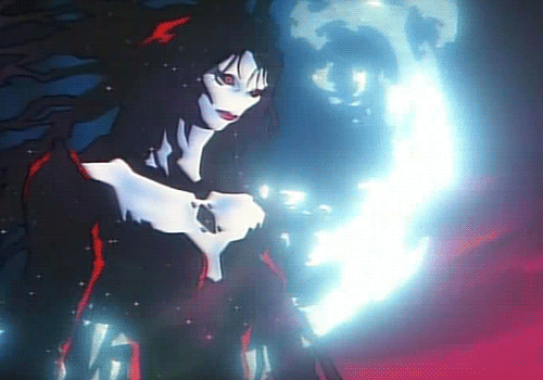 90s animated animated_gif black_eyes choujin_gakuen_gowcaizer creepy female fire lowres no_nose omni_exist pale_skin scary