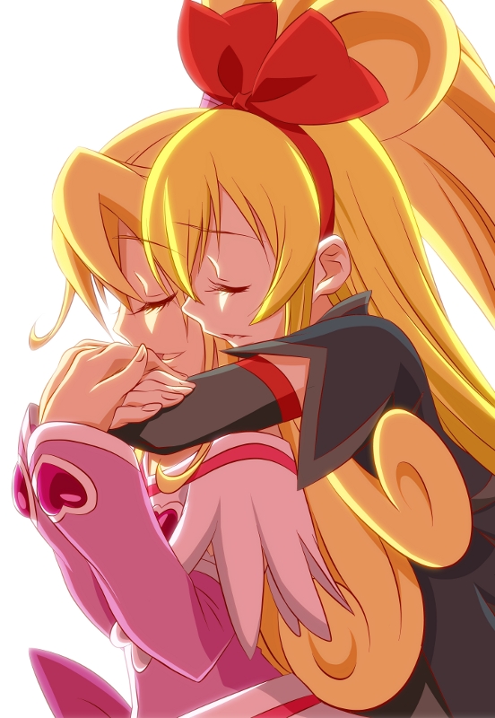 aida_mana arms_around_neck blonde_hair blue-fin bow closed_eyes couple cure_heart dokidoki!_precure hair_bow hairband half_updo heart holding_hands hug hug_from_behind long_hair magical_girl multiple_girls pink_sleeves ponytail precure red_ribbon regina_(dokidoki!_precure) ribbon simple_background smile white_background yuri