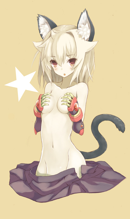 animal_ears arcana_heart arcana_heart_3 blonde_hair blush breasts cat_ears cat_tail covering covering_breasts gloves goekawa hand_on_own_chest long_hair looking_at_viewer medium_breasts midriff navel open_mouth red_eyes solo star tail weiss