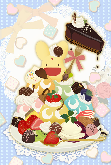 blob blue_background blueberry cake carbuncle_(puyopuyo) chocolate chocolate_cake chocolate_heart cookie creature dragonsp food fork fruit heart icing kiwifruit madou_monogatari no_humans open_mouth plate polka_dot polka_dot_background puyo_(puyopuyo) puyopuyo raspberry smile spoon sprinkles strawberry wafer
