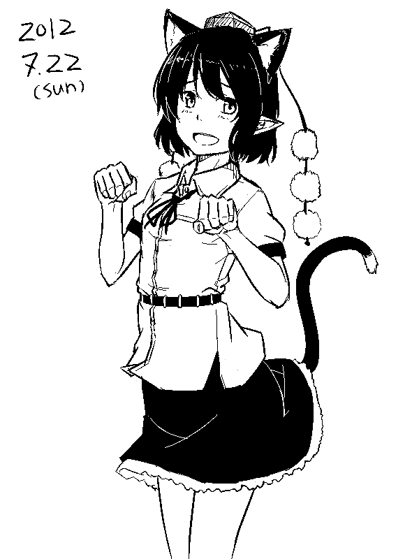 animal_ears blush cat_ears cat_tail dated greyscale kawashina_(momen_silicon) kemonomimi_mode looking_at_viewer monochrome open_mouth paw_pose shameimaru_aya short_hair simple_background skirt smile solo tail touhou white_background