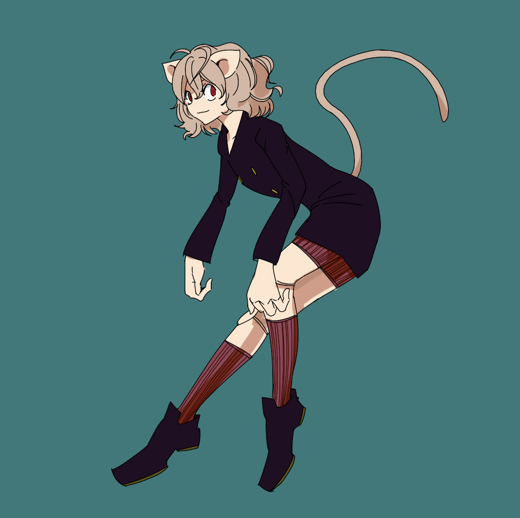 androgynous animal_ears brown_hair cat_ears curly_hair hunter_x_hunter looking_at_viewer neferpitou pose red_eyes shoes smile solo sukasshu tail