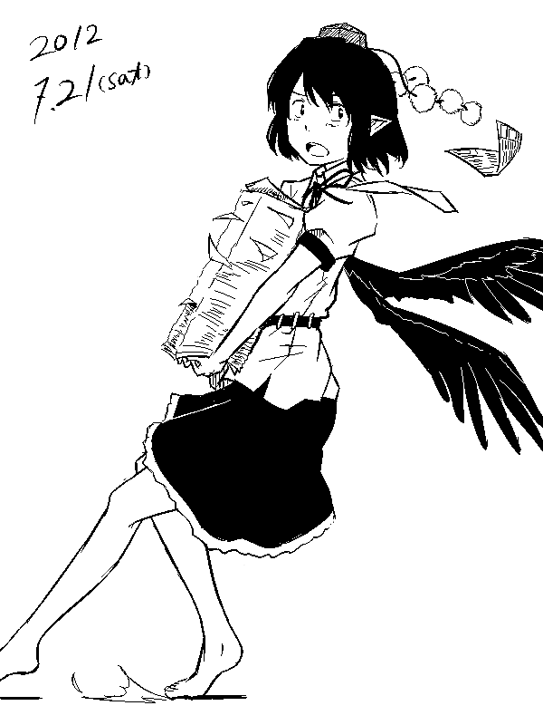 annoyed barefoot carrying dated feathered_wings flying_paper greyscale hat kawashina_(momen_silicon) looking_away looking_back monochrome open_mouth paper pointy_ears pom_pom_(clothes) shameimaru_aya short_hair simple_background skirt solo tokin_hat touhou white_background wings