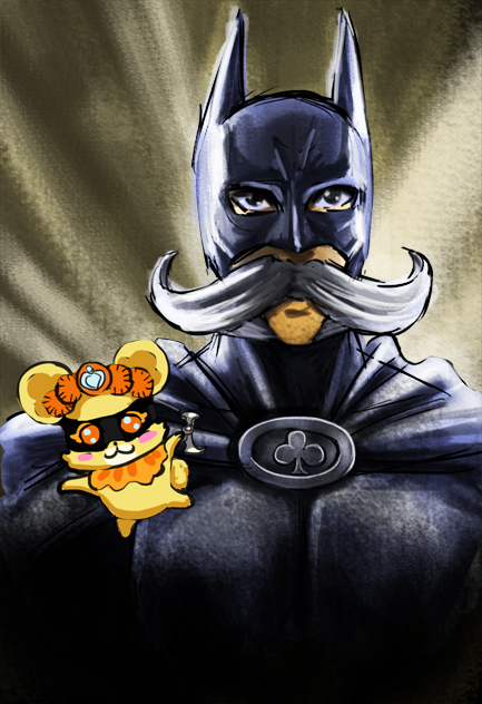 bad_id bad_pixiv_id batman batman_(cosplay) batman_(series) beard cape cosplay creature crossover dc_comics dokidoki!_precure el_blanco facial_hair handlebar_mustache leather male_focus mascot mask mustache parody precure rance_(dokidoki!_precure) robin robin_(cosplay) sebastian_(dokidoki!_precure) solo superhero