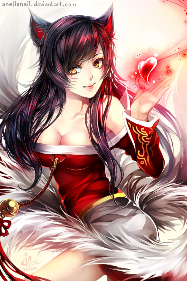 ahri animal_ears artist_name bare_shoulders black_hair breasts cleavage detached_sleeves facial_mark fox_ears fox_tail heart league_of_legends lips long_hair medium_breasts multiple_tails signature snellsnail solo tail whisker_markings yellow_eyes
