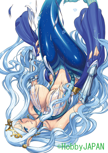 blue_eyes blue_hair breasts crown eiwa hair_ornament huge_breasts jewelry long_hair mermaid monster_girl queen's_blade queen's_blade_grimoire queen's_blade_rebellion solo tearing_clothes tiara tina_(queen's_blade) torn_clothes