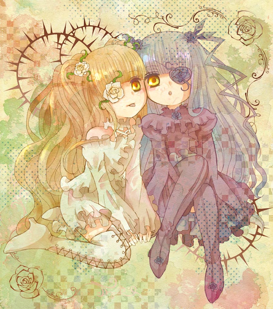 barasuishou boots cross-laced_footwear curly_hair dress eyepatch flower high_heels kirakishou lace-up_boots long_hair multiple_girls neen open_mouth purple_dress rose rozen_maiden rozen_maiden_traumend shoes sitting thighhighs thorns tongue tongue_out twintails very_long_hair white_dress yellow_eyes