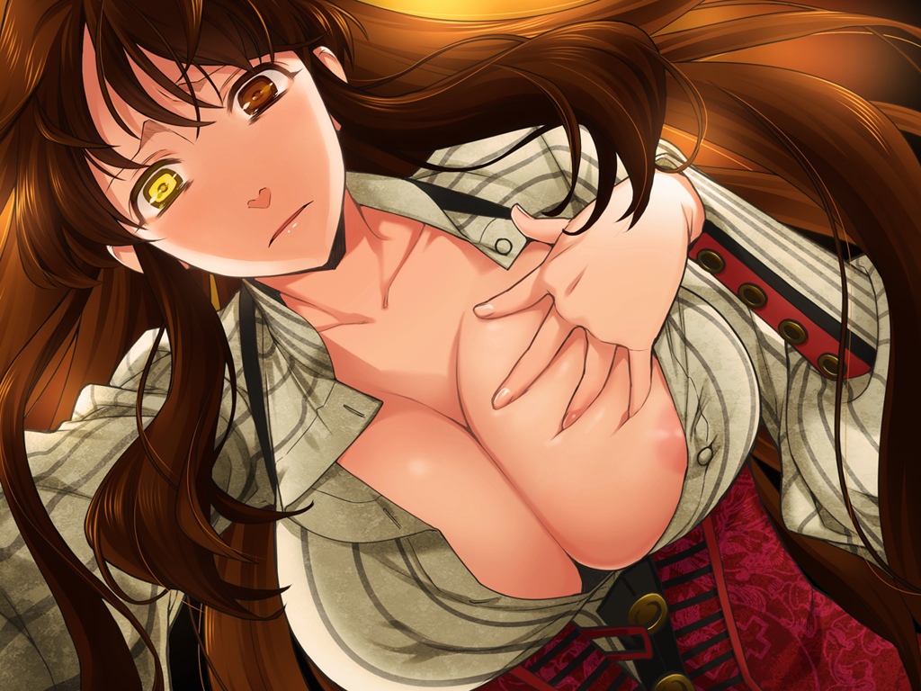 1girl areola_slip areolae breasts brown_hair game_cg heterochromia josephine_march_(ourai_no_gahkthun) large_breasts liarsoft long_hair nipples ourai_no_gahkthun steampunk_(liarsoft)