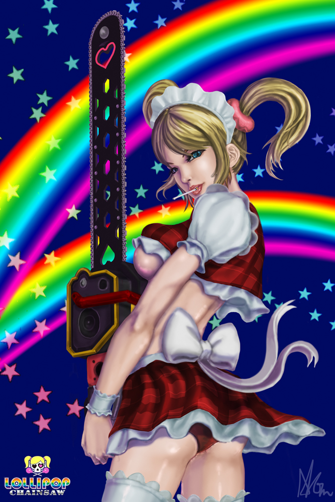 alternate_costume back blonde_hair blue_eyes breasts candy chainsaw copyright_name crop_top food juliet_starling large_breasts lips lipstick lollipop lollipop_chainsaw maid_headdress makeup mouth_hold no_bra panties pantyshot plaid puffy_short_sleeves puffy_sleeves rainbow red_panties short_sleeves short_twintails signature solo thighhighs twintails underboob underwear waitress weapon white_legwear wrist_cuffs xiglin