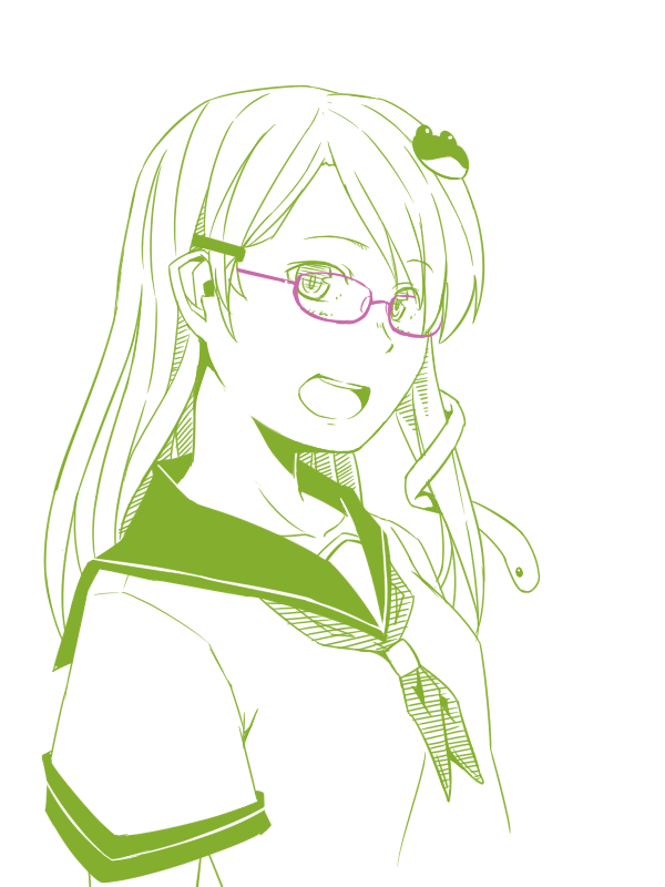 alternate_costume bespectacled contemporary frog_hair_ornament glasses hair_ornament kawashina_(momen_silicon) kochiya_sanae long_hair looking_at_viewer monochrome open_mouth school_uniform serafuku simple_background smile snake_hair_ornament solo touhou white_background