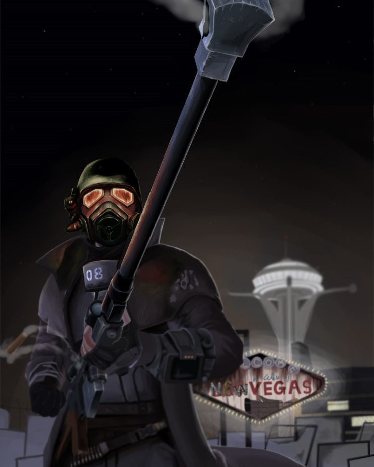anti-materiel_rifle armor bezic courier_(fallout_new_vegas) fallout fallout_new_vegas gas_mask gun helmet holding holding_gun holding_weapon male_focus ncr_veteran_ranger night pip_boy rifle sniper_rifle solo trench_coat weapon