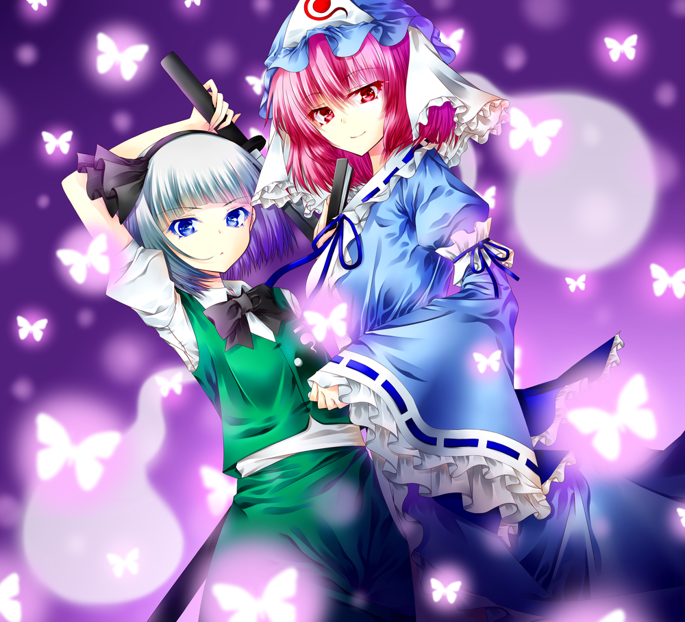 bad_id bad_pixiv_id blue_eyes bug butterfly dress fan folding_fan frills hair_ribbon hairband hat hitodama insect japanese_clothes konpaku_youmu multiple_girls pink_eyes pink_hair ribbon saigyouji_yuyuko shisui_suzuka short_hair silver_hair smile sword touhou triangular_headpiece weapon