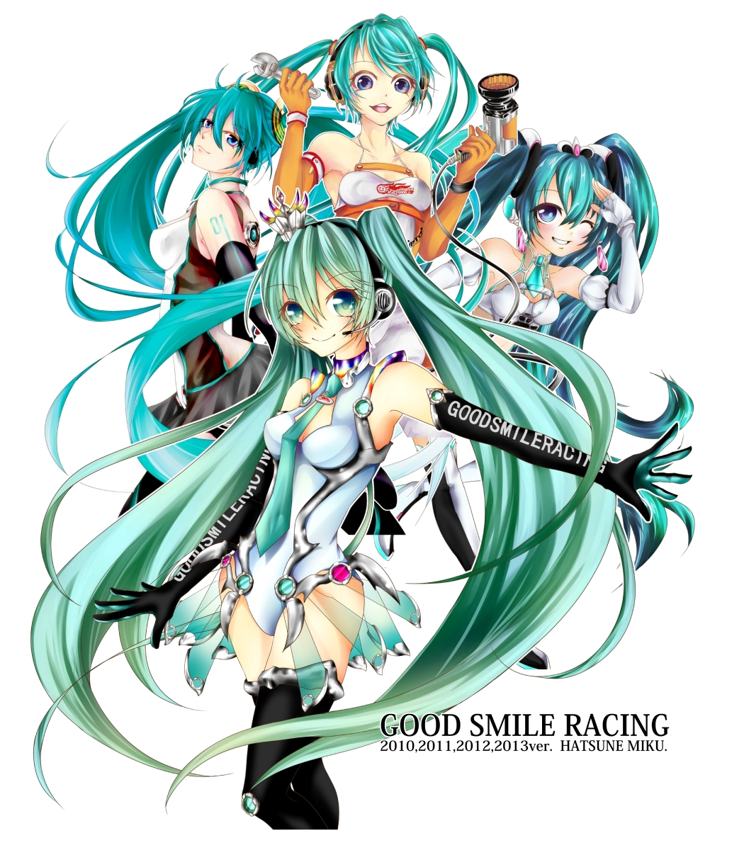 2011 2012 2013 4girls aqua_hair blue_eyes boots character_name copyright_name elbow_gloves fingerless_gloves gloves goodsmile_company goodsmile_racing green_eyes green_hair grin hatsune_miku headset highres leotard long_hair multiple_girls necktie one_eye_closed outstretched_arm race_queen racing_miku racing_miku_(2010) racing_miku_(2011) racing_miku_(2012) racing_miku_(2013) reika010 salute smile tattoo thigh_boots thighhighs twintails very_long_hair vocaloid wrench